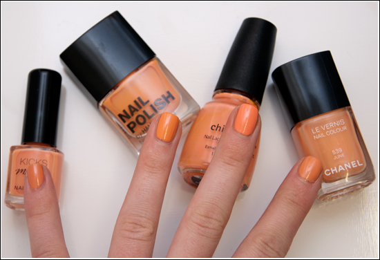 Chanel June, China Glaze Peachy Keen, H&M Peach Me Soon, KICKS Chilly Bellini Swatches & Comparison