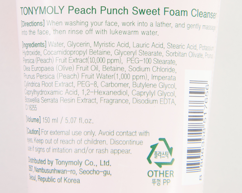 Tonymoly Peach Punch Sweet Foam Cleanser Ingredients