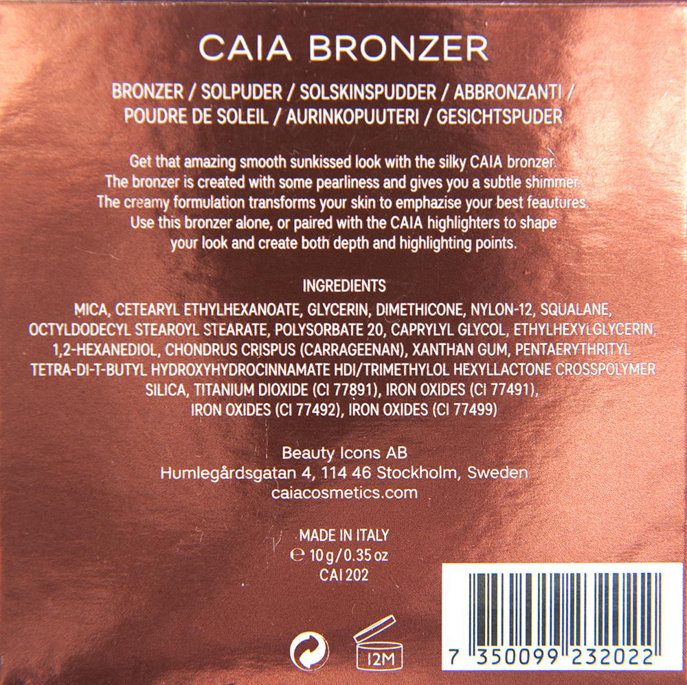 CAIA Bronzer Solpuder Information på förpackning